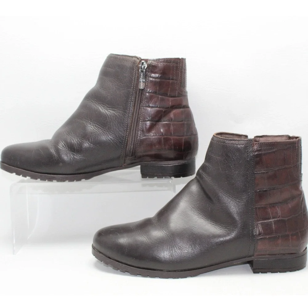 Easy‎ Spirit Womens Brown Leather Croc Embossed Ankle Boots Side Zip Size 8W